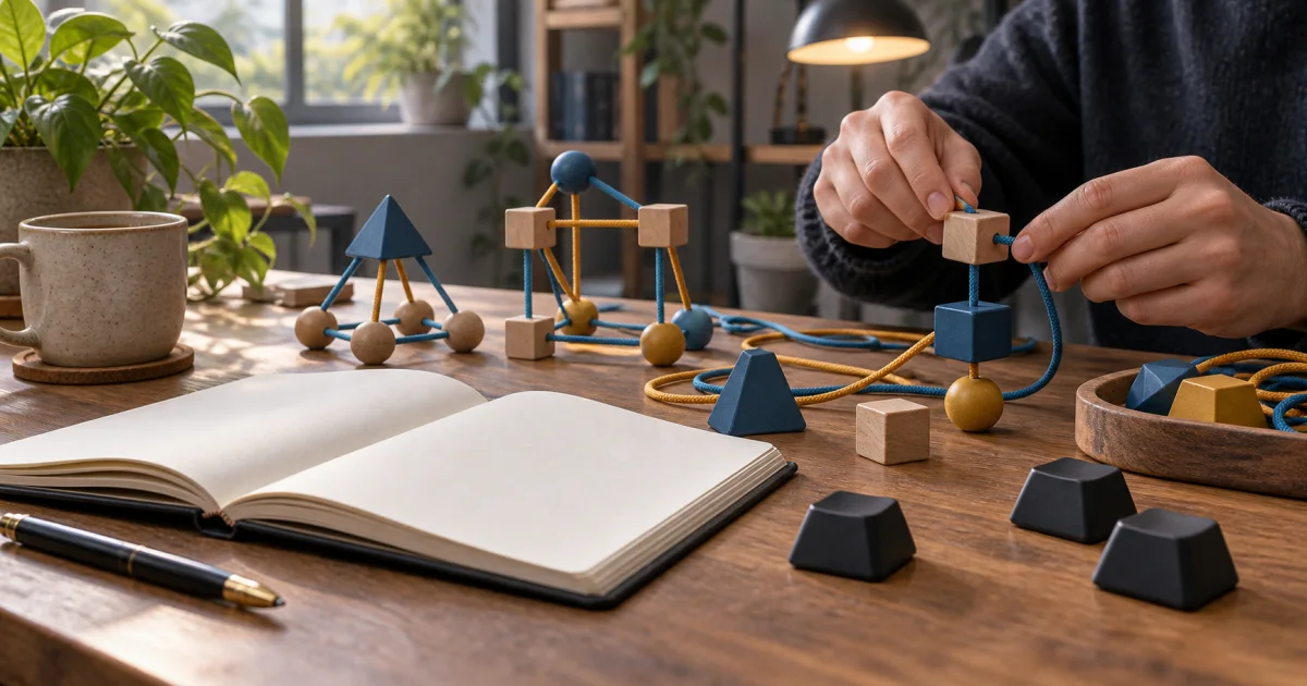 An open notebook and blank keyboard keys sit beside connected geometric pieces used for practice.