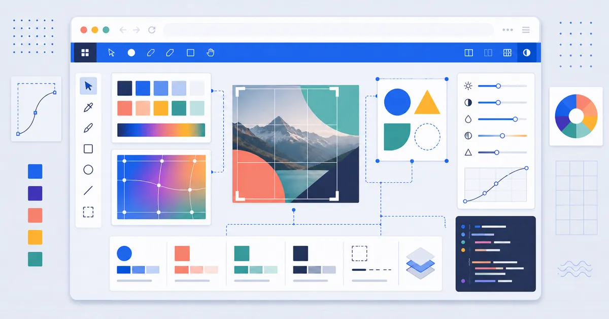 A browser design workspace connects color palettes, gradients, photo editing, vector shapes, and reusable style blocks.