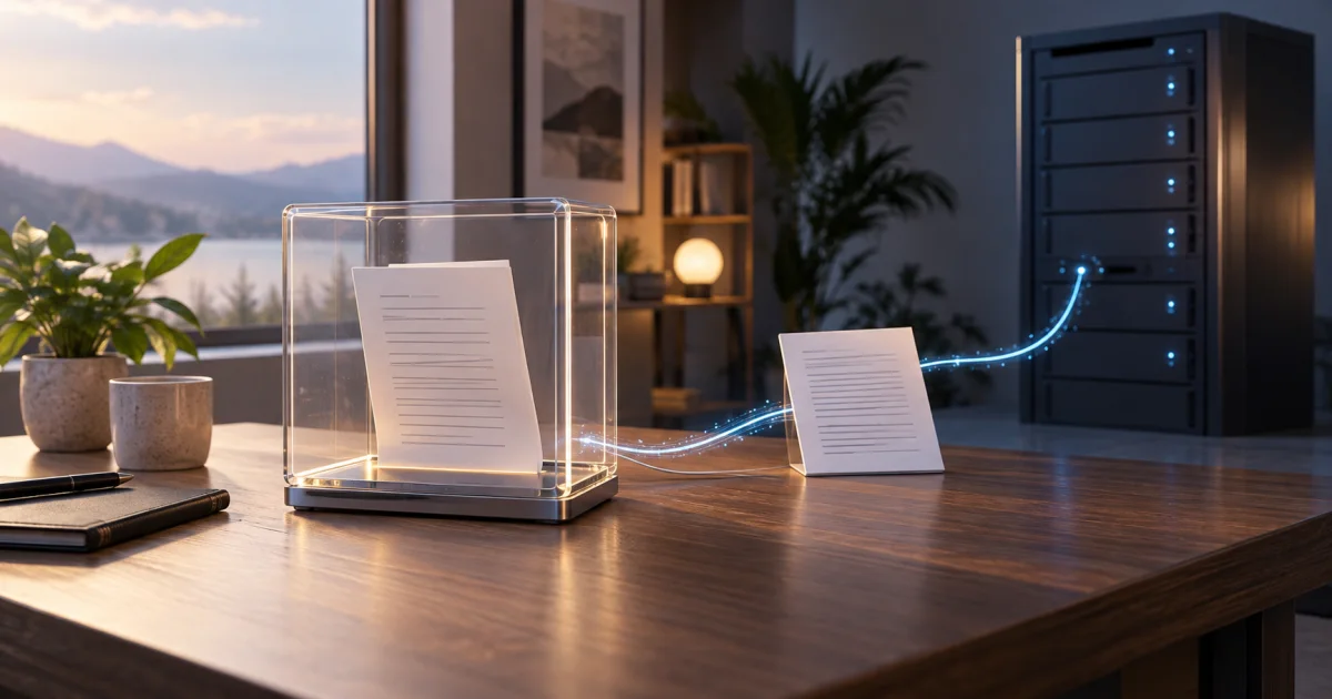 A document rests inside a clear desktop enclosure beside a second document connected to a distant storage cabinet.