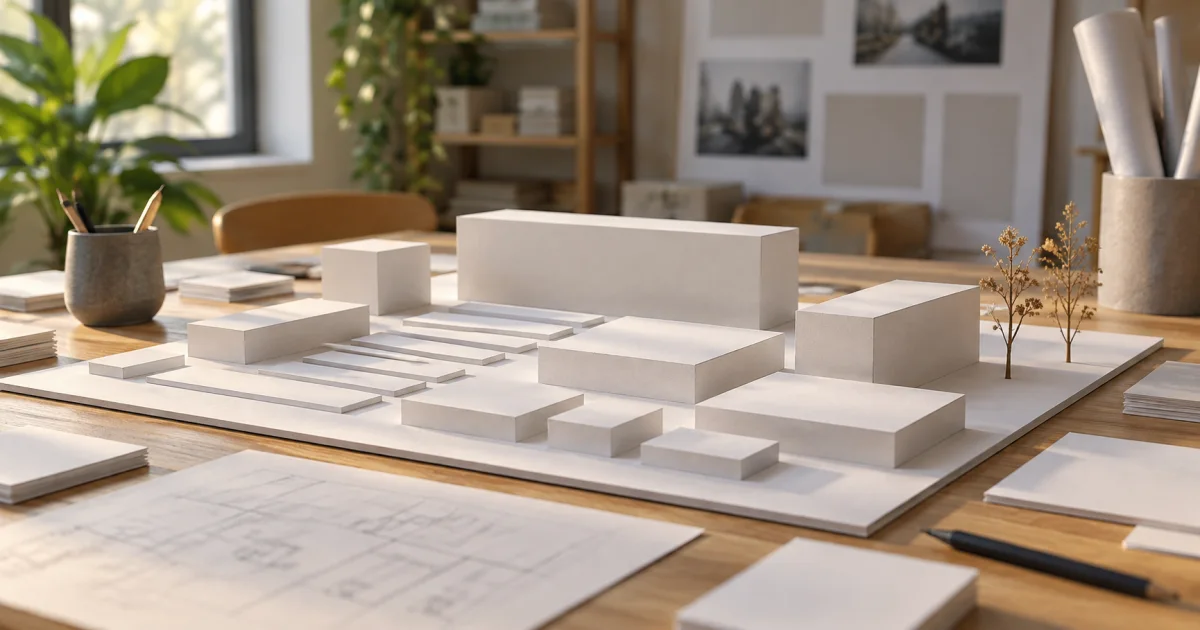 An architectural model uses blank paper blocks of different sizes to establish space before photographs and text arrive.