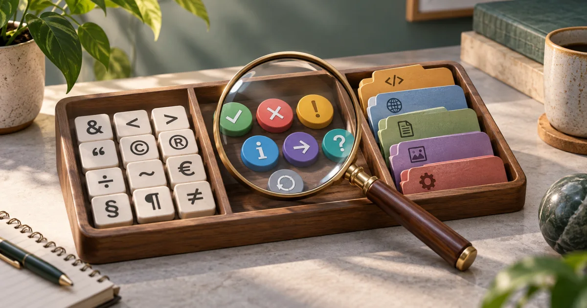 A magnifying lens rests over a tray of special character shapes, response markers, and labeled-style tabs without readable lettering.