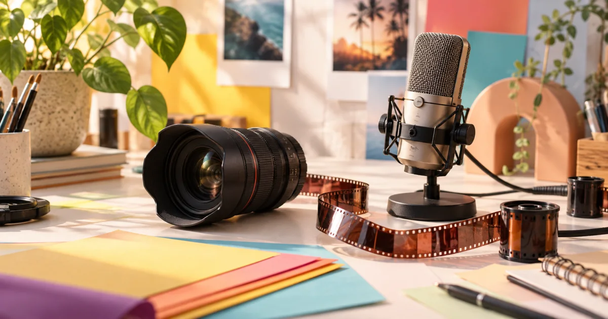 A camera lens, studio microphone, film ribbon, and colored paper composition share a bright creative worktable.