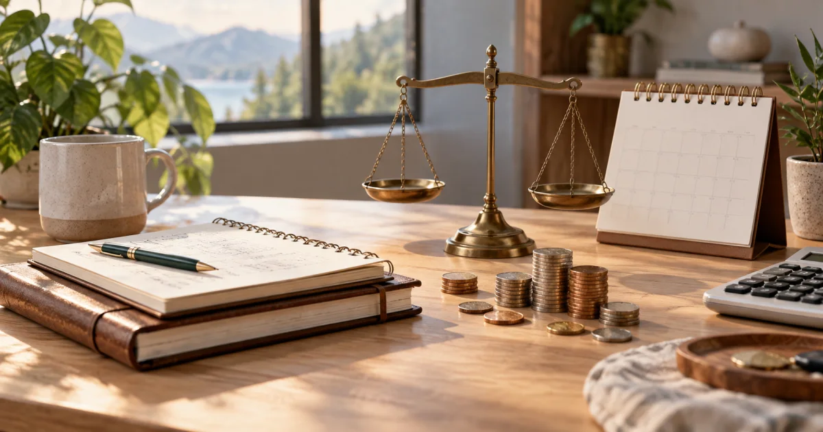 A household notebook and a small business ledger sit beside plain coins, a balance scale, and an unmarked calendar.