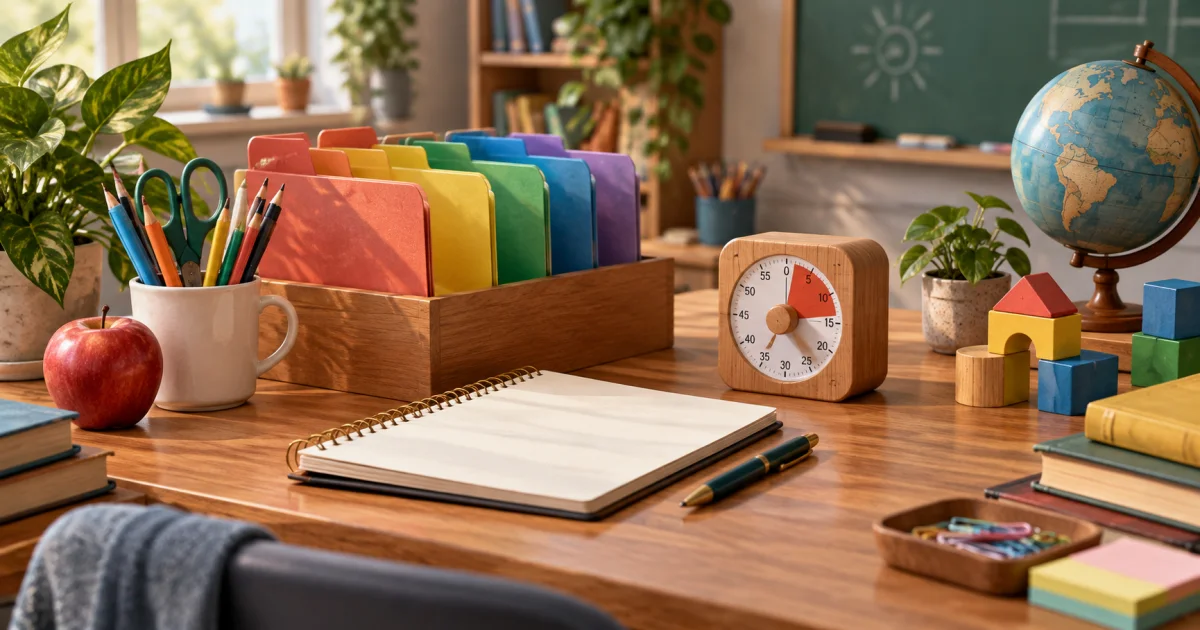 A teacher's worktable holds colored lesson dividers, an unmarked planning notebook, a wooden timer, and small classroom models.