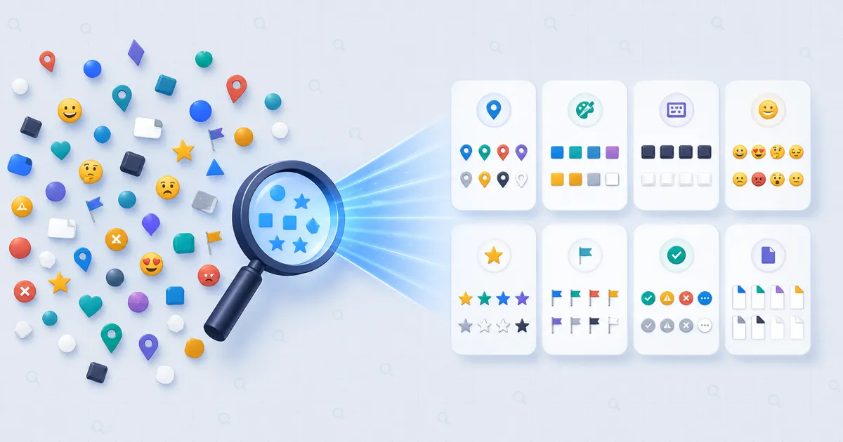 A search lens organizes scattered icons, colors, flags, and file cards into eight result groups.