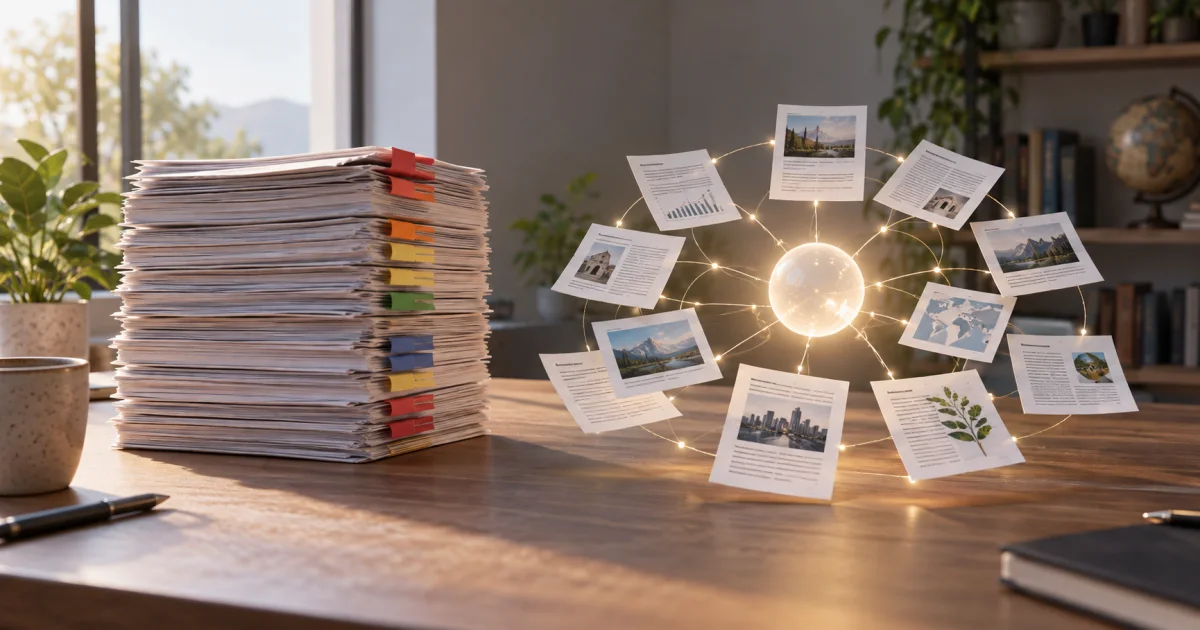 A conventional ranked stack of documents stands beside a web of connected source papers around a central answer space.