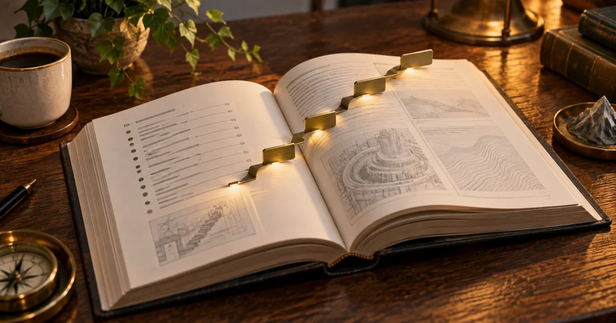 An open manual with brass page markers connects its index to different sections.