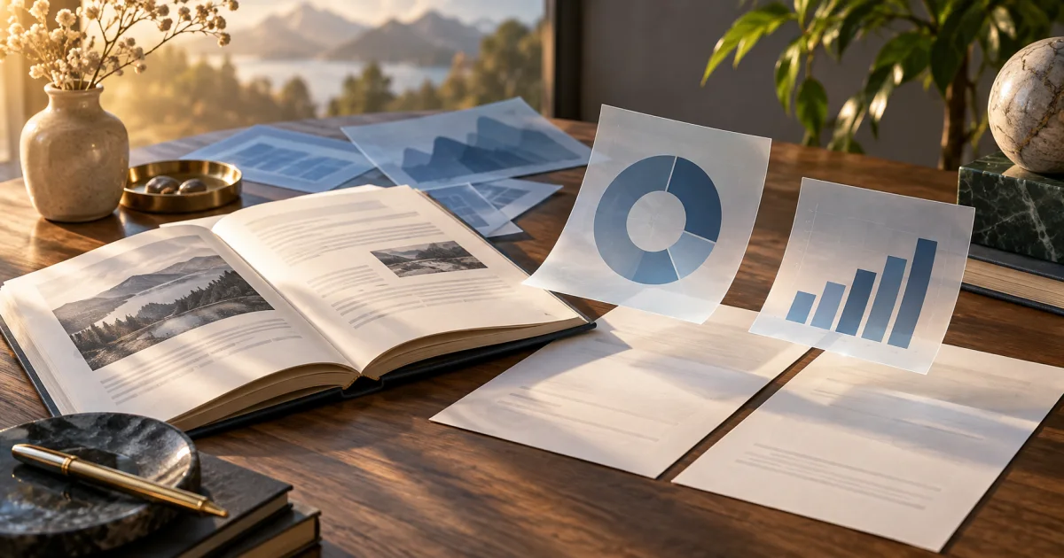 Transparent chart sheets sit above an open report ready for insertion.