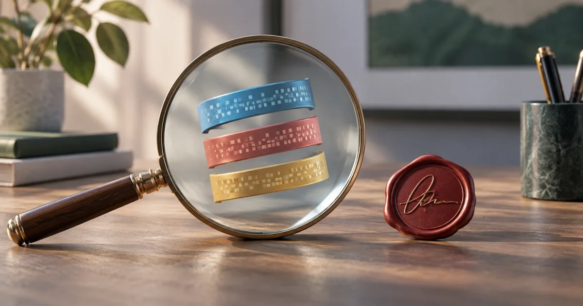 Three colored token segments open beneath a magnifying lens while a separate signature seal remains outside the inspection area.