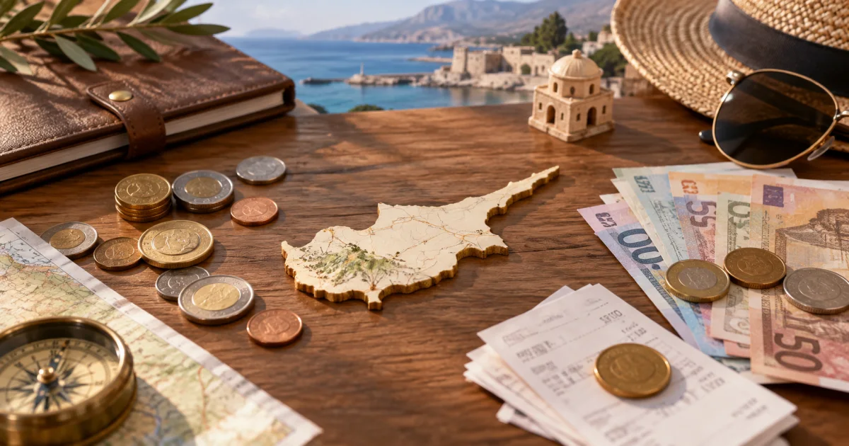 Several plain currency tokens and exchange slips surround a small outline map of Cyprus on a travel desk.