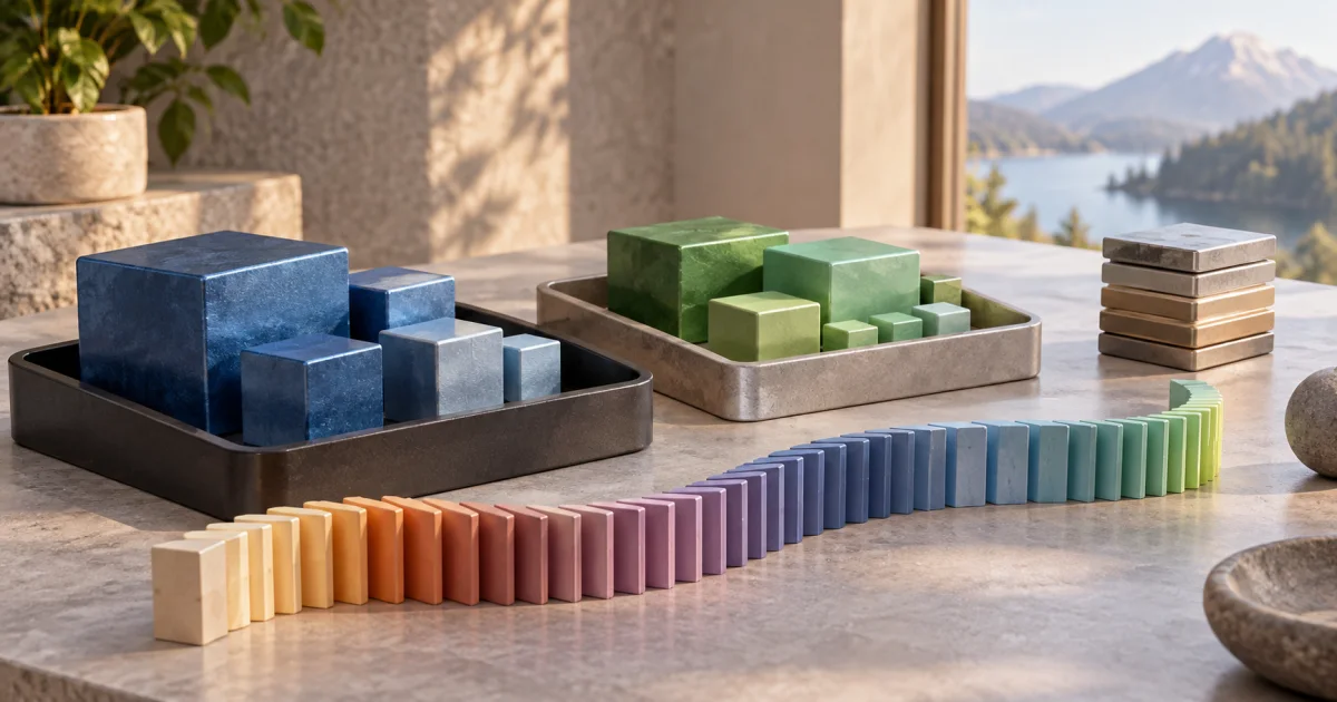Two memory trays hold blocks of different sizes beside a compact stack and a long ribbon of context pieces.