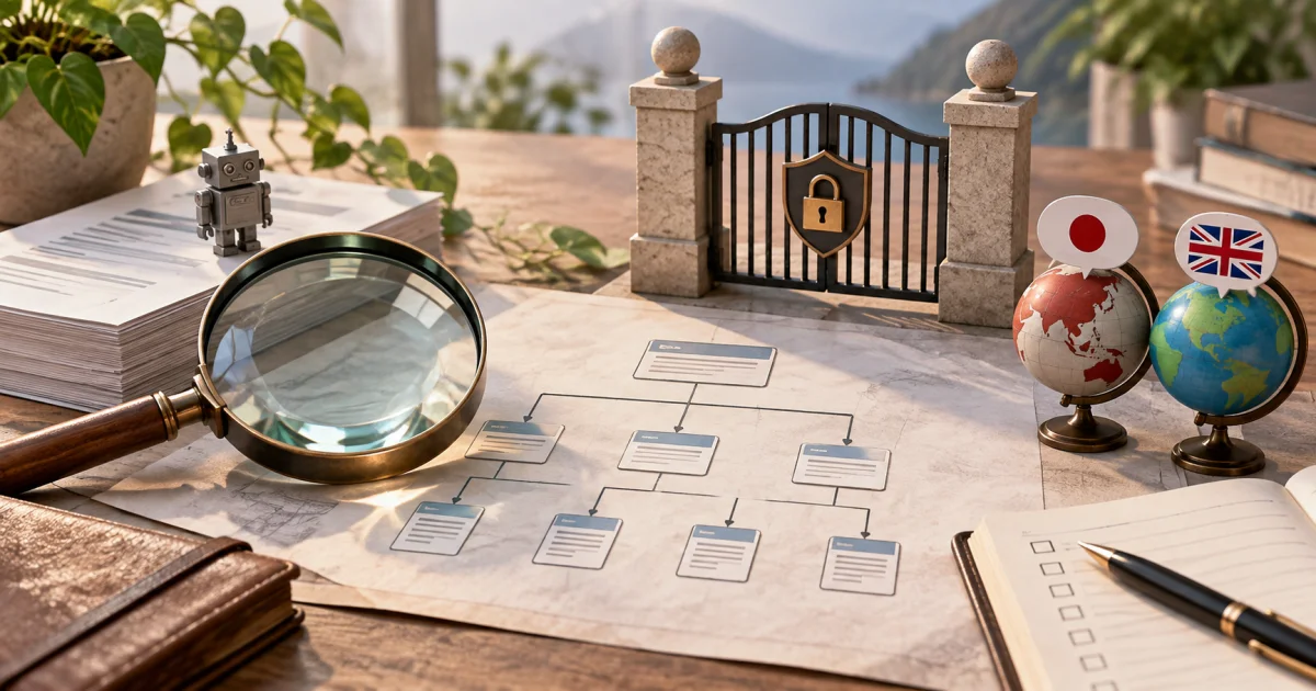 A magnifying lens, branching site map, access gate, and paired language markers form an orderly inspection worktable.