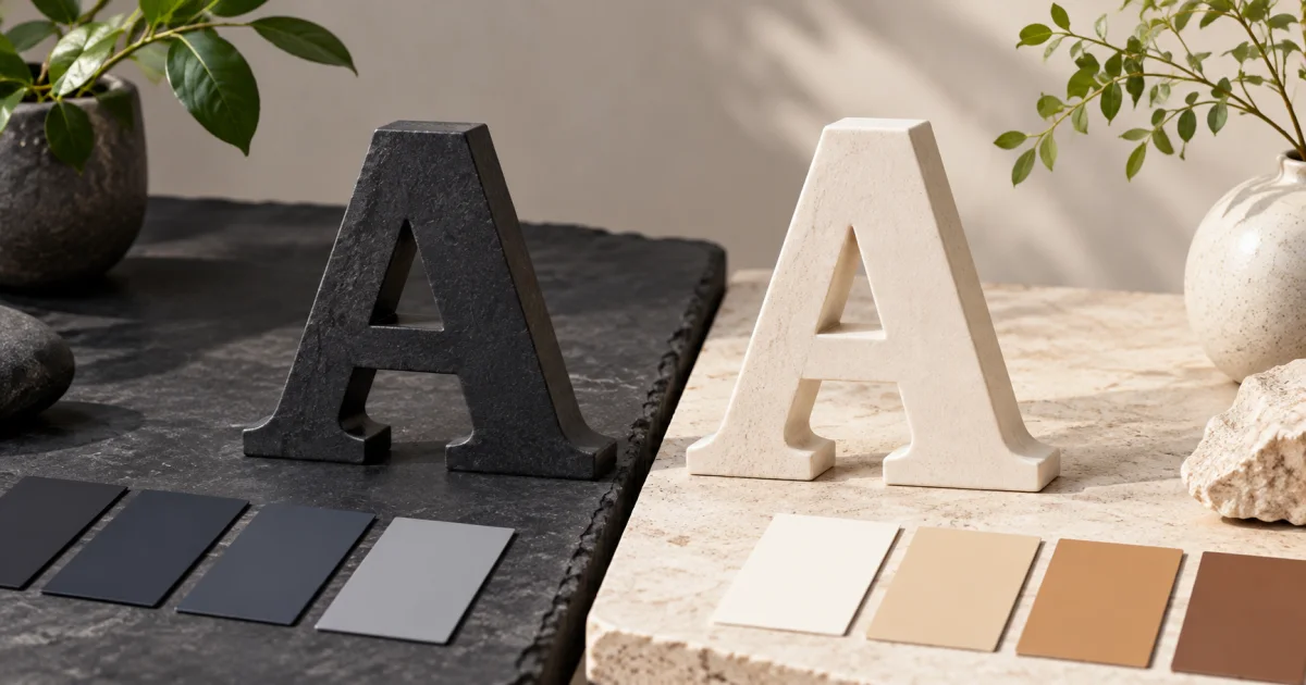 Raised dark and pale letter-shaped objects sit on contrasting surfaces under equal light, with color swatches arranged nearby.
