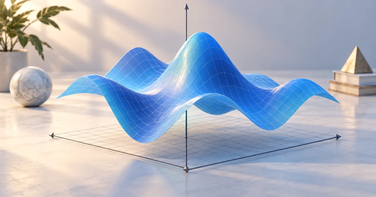 A smooth blue mathematical surface rises and falls above a fine three-dimensional coordinate frame.