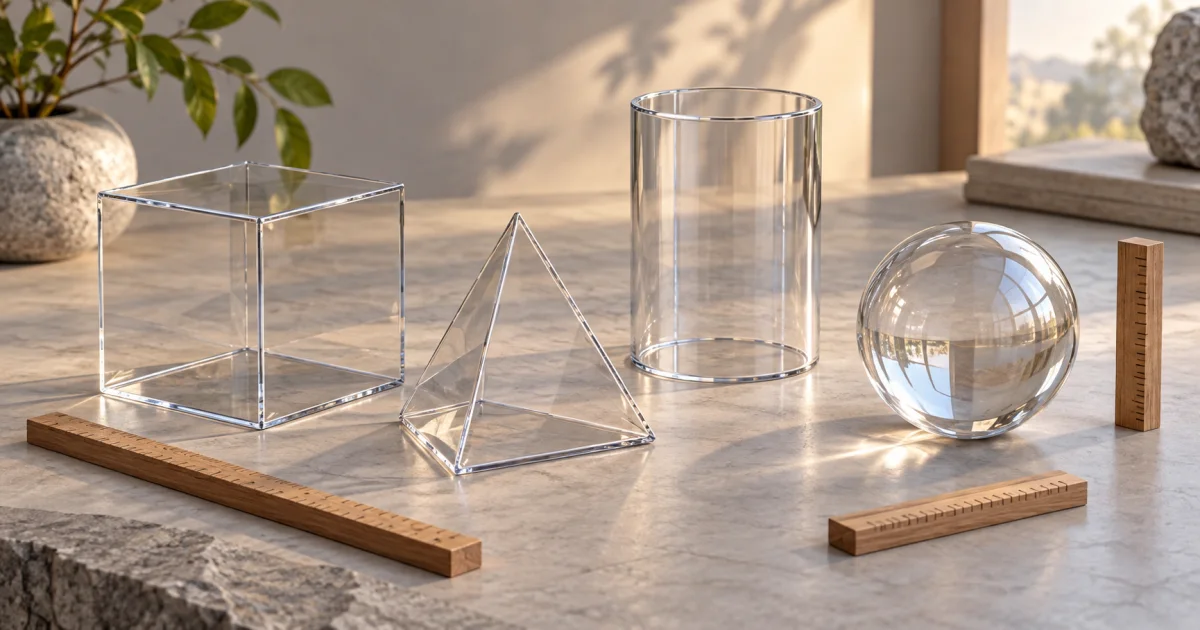 A transparent cube, tetrahedron, cylinder, and sphere display visible edges beside small wooden measuring rods.