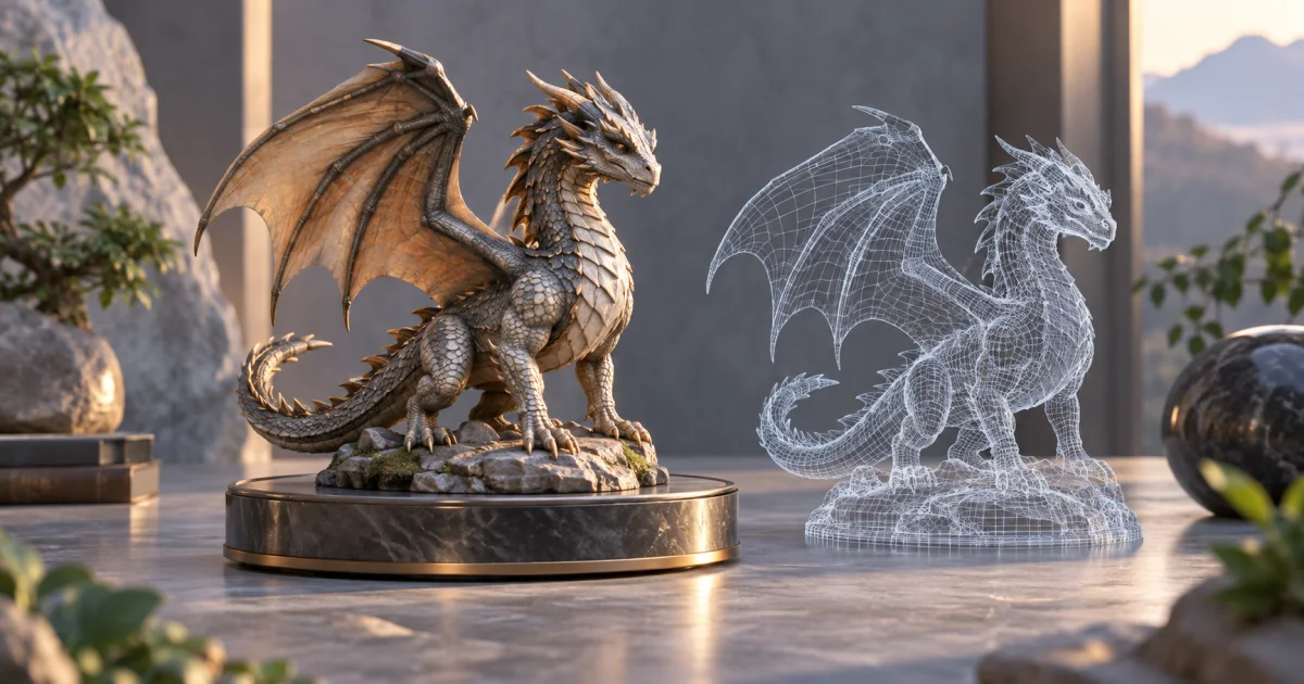 A detailed small three-dimensional sculpture rests on a rotating plinth beside its matching transparent wireframe shell.