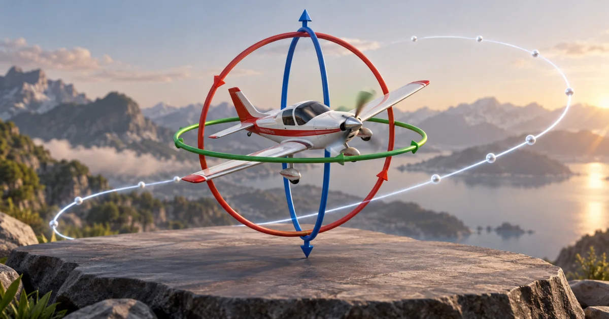 A small airplane model turns inside three colored rotation rings beside a clean continuous orientation path.