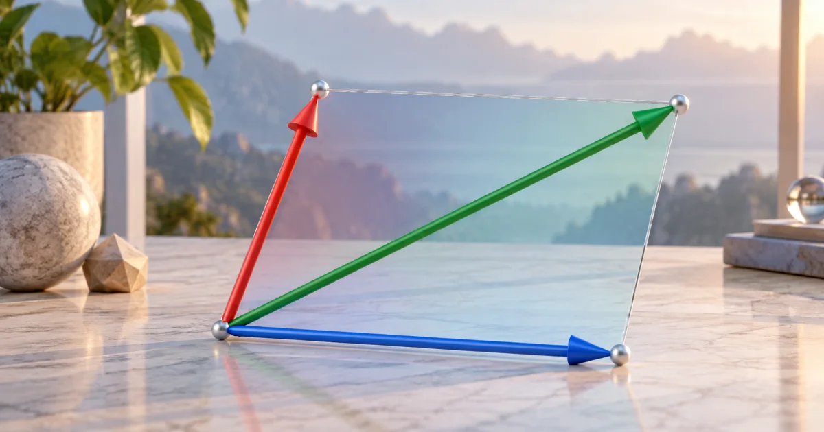 Two colored vector rods meet at an origin while a third rod completes a clear parallelogram in a transparent spatial frame.