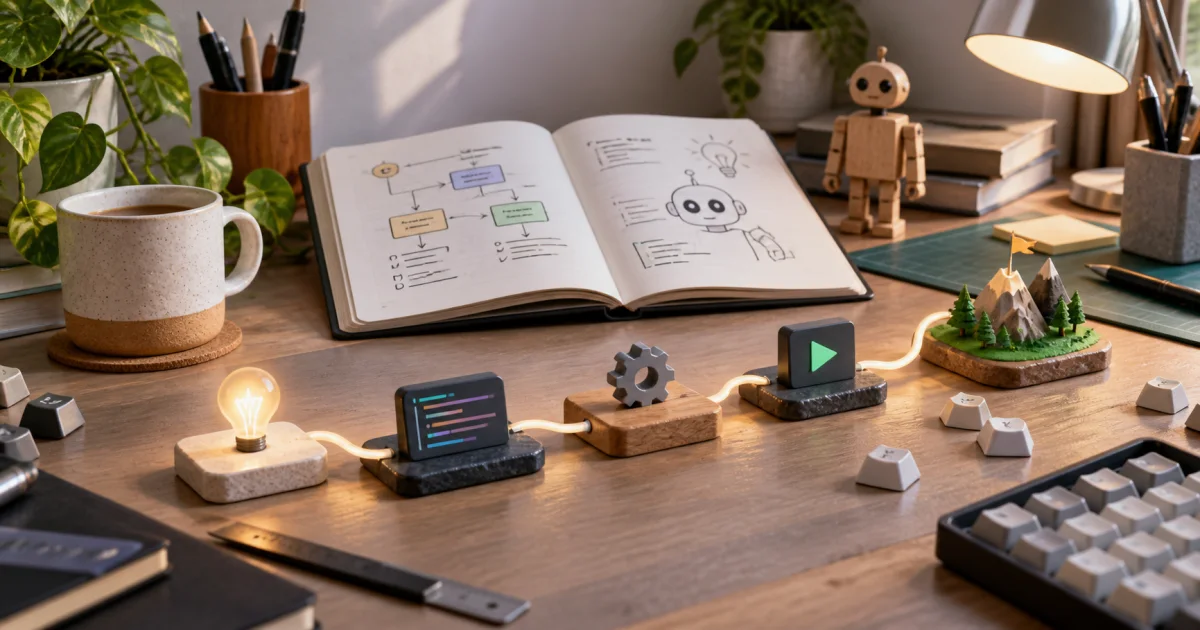 A compact starter workbench holds an open guide, blank keyboard keys, and a simple path through a few connected practice pieces.