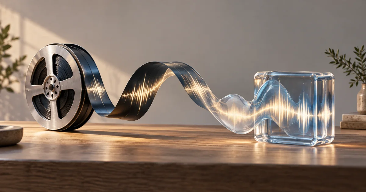 A continuous audio waveform changes from one smooth physical ribbon into another container shape without losing its rhythm.