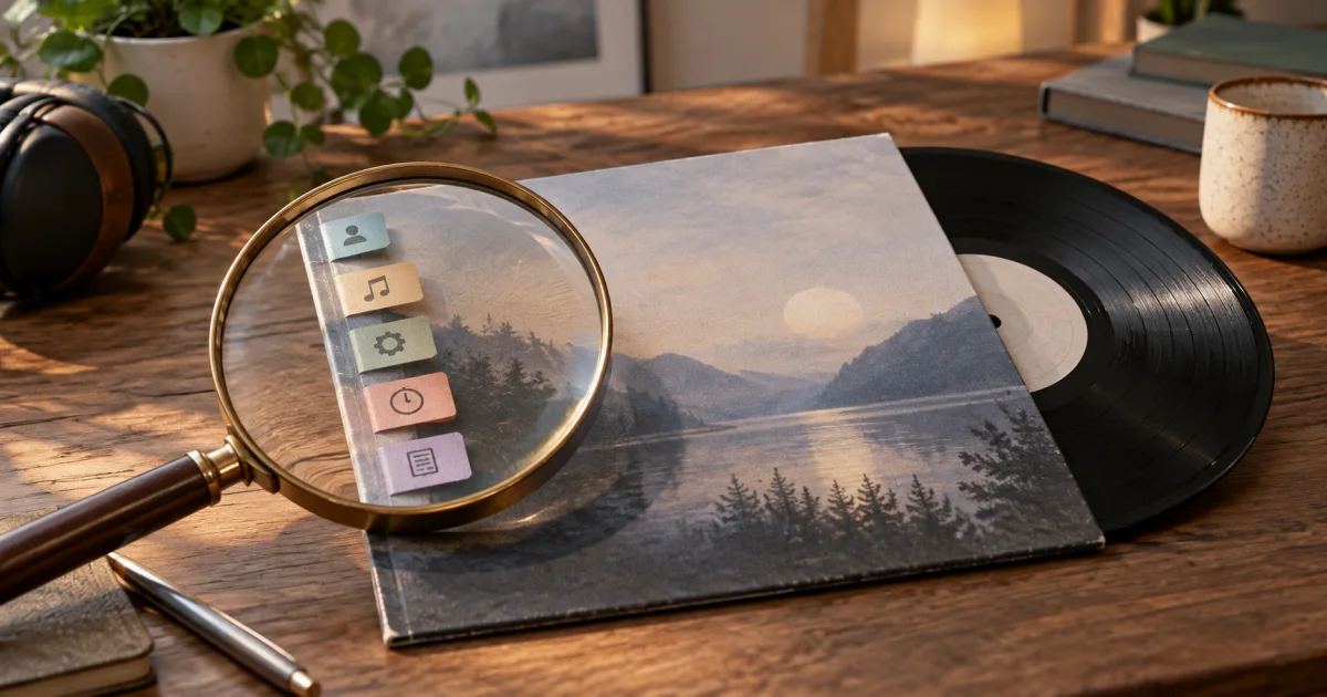 A magnifying lens examines a record sleeve, with small unmarked information tabs separated from the visible sound waveform.