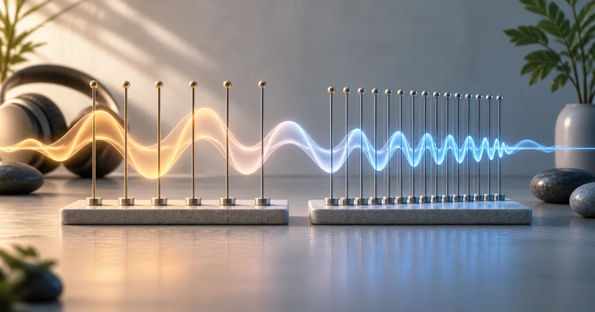 A smooth audio wave passes through two rows of evenly spaced sampling pins with different spacing.