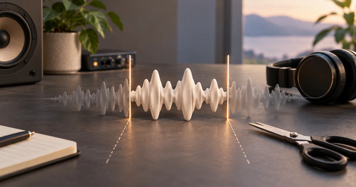 A short section of a sculpted sound wave sits between two precise cutting guides on an audio worktable.