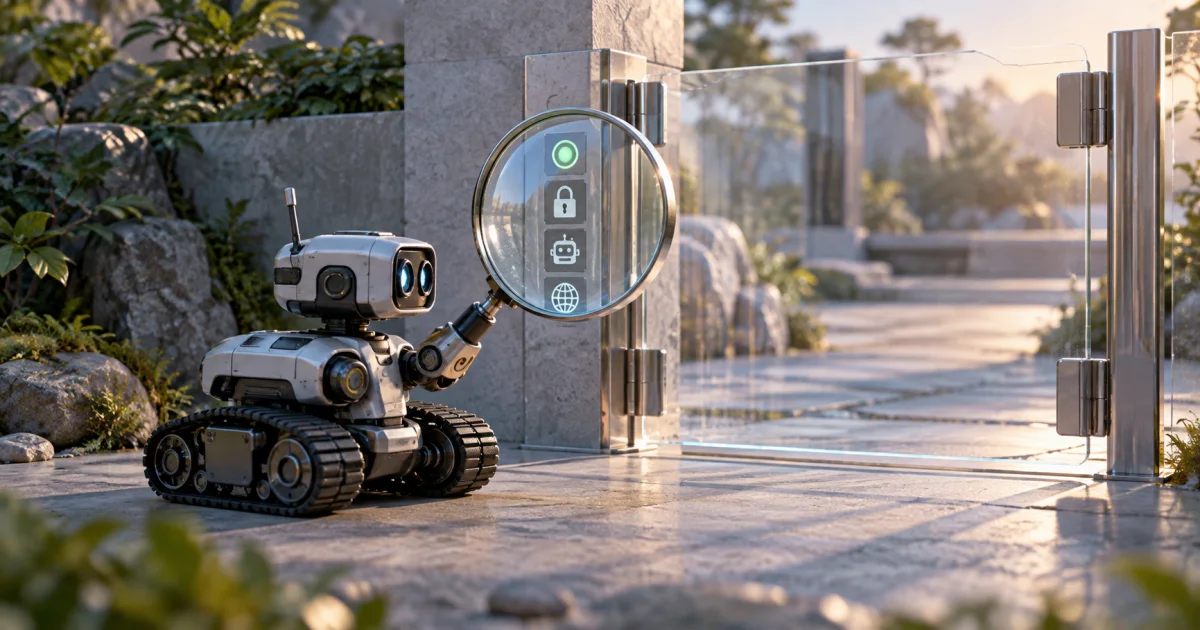 A small mechanical crawler stops at a transparent gate while a magnifying lens examines the access markers beside it.