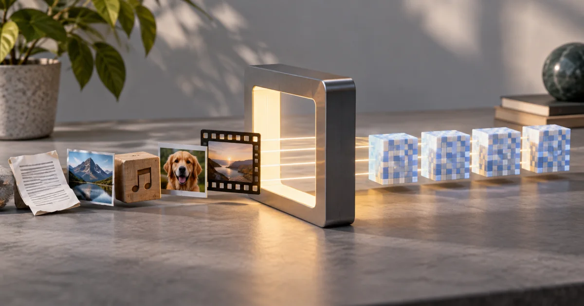 A row of ordinary data pieces passes through a grouping frame and emerges as evenly sized encoded blocks.