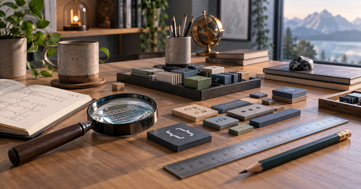 A developer workbench holds structured data pieces, a precision ruler, an editing pencil, and a pattern inspection lens.