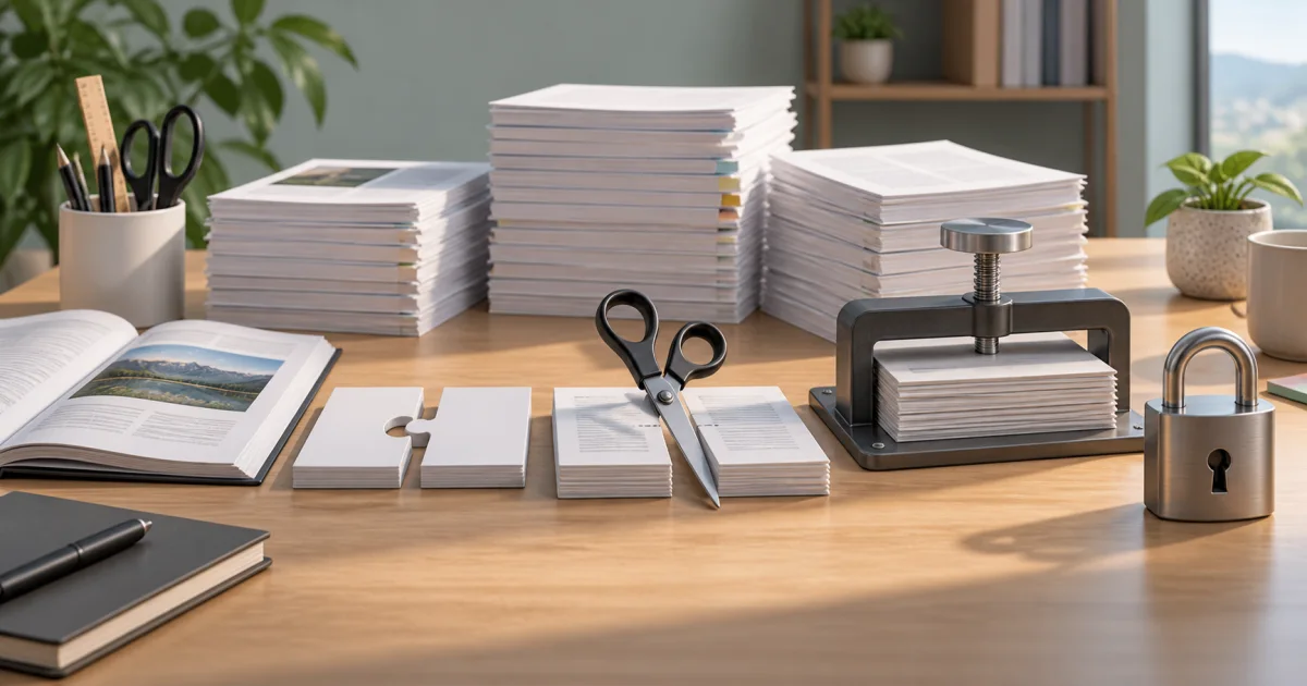 Several unmarked document stacks sit beside tools for combining pages, separating sections, reducing bulk, and adding protection.