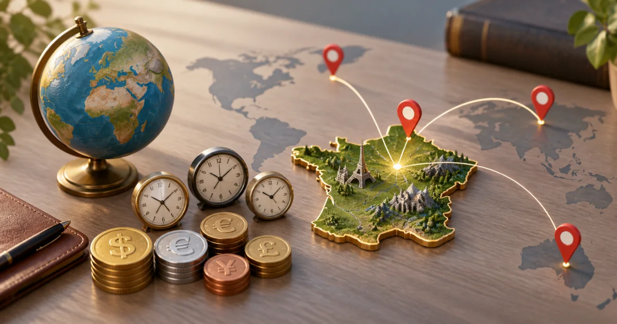 A small globe sits beside currency tokens, clock faces, and location markers connected to one selected country shape.