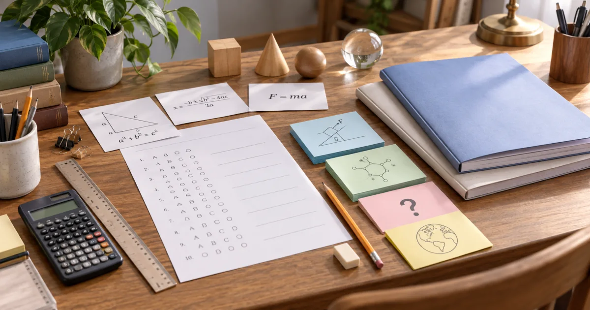An unmarked exam sheet, geometric formula pieces, and varied question blocks sit beside two neatly bound output booklets.