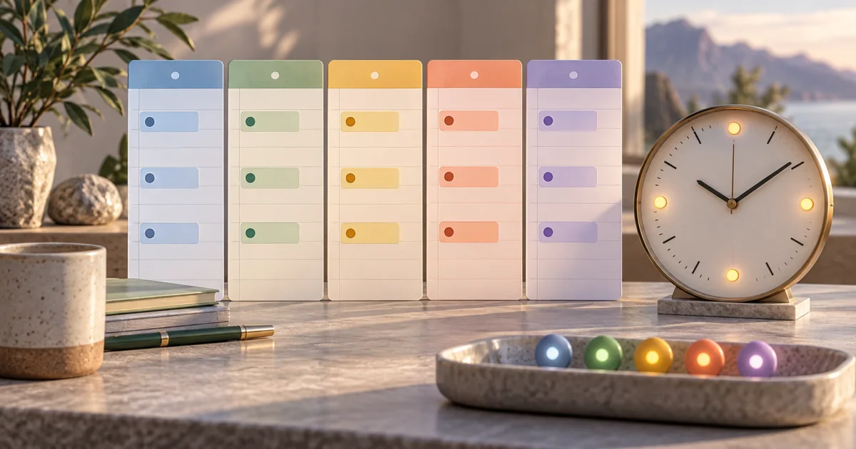 Five calendar columns align with a clock and a recurring sequence of highlighted time markers.
