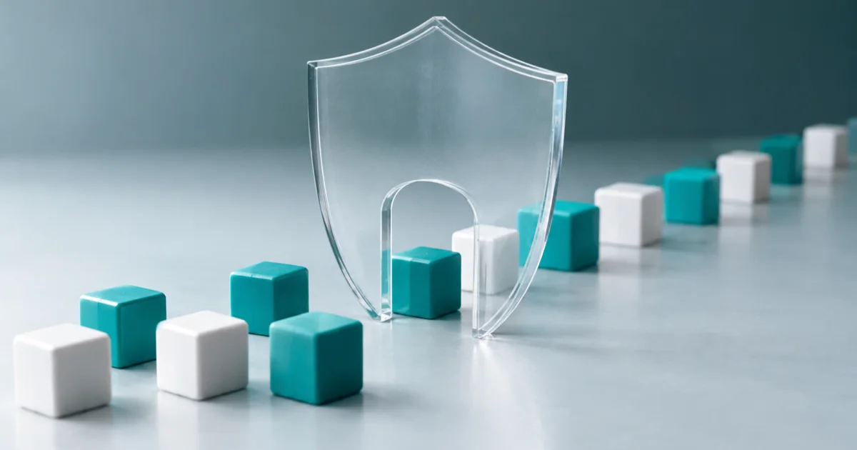 A clear acrylic shield standing like a gate with an arched opening, with teal and white cubes lined up passing through it.