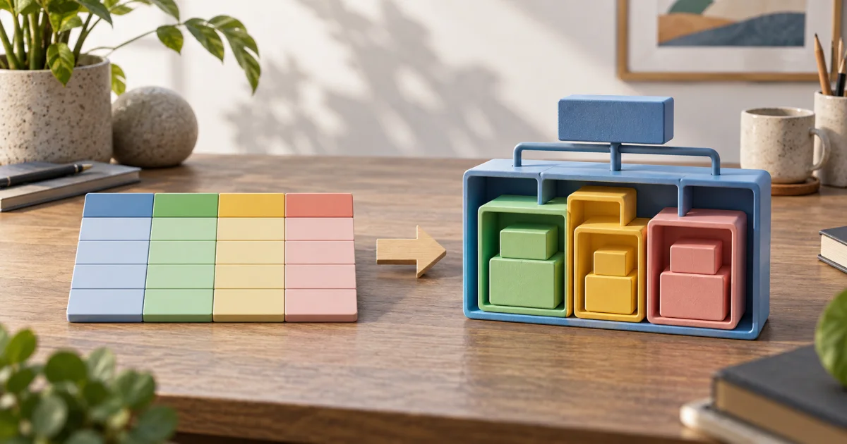 A flat table of colored cells becomes a nested arrangement of matching data blocks across one work surface.