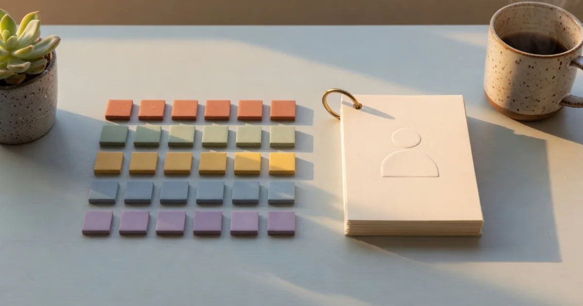 Rows of pastel tiles laid out like a table sit beside a stack of blank contact cards on a brass ring.
