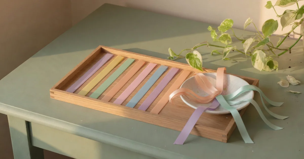 A light oak tray holds one ribbon bookmark of each colour while spare matching ribbons gather in a white dish.