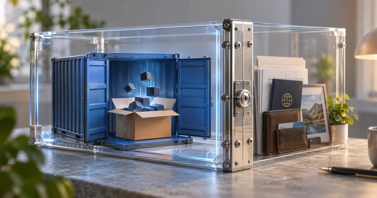 An open software package rests inside a clear protective enclosure, with personal documents kept on the other side of its wall.