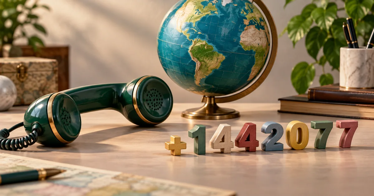 A telephone handset sits beside a globe and grouped number-shaped tokens arranged into an international dialing structure.