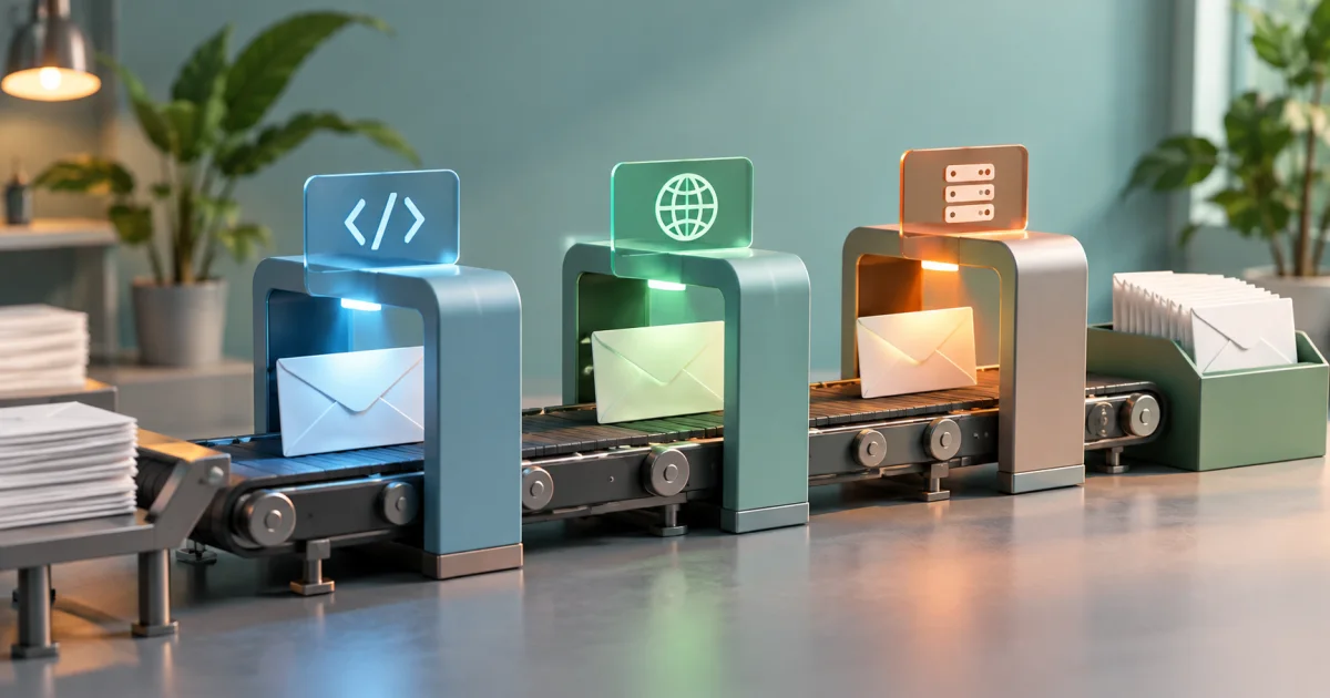 An envelope passes through separate syntax, domain, and destination inspection stations without a delivery guarantee symbol.