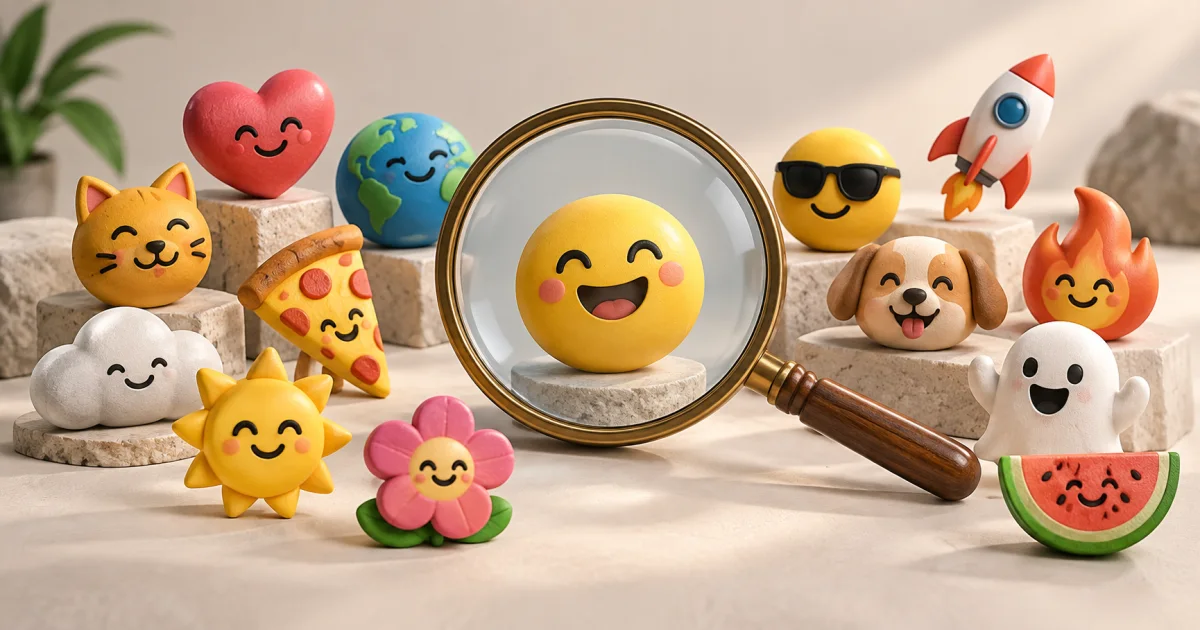 Small colorful expressive face sculptures form a searchable-looking arrangement around a single magnifying lens.
