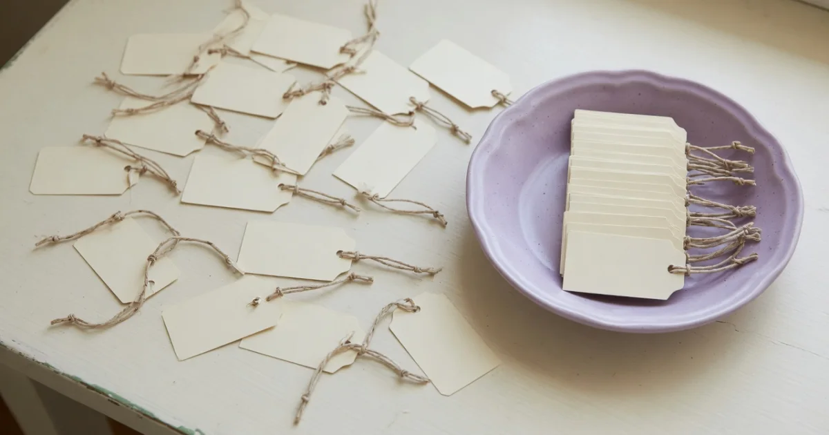 Small blank paper tags scattered loosely across a painted table beside a lilac dish holding the same tags in one neat aligned column.
