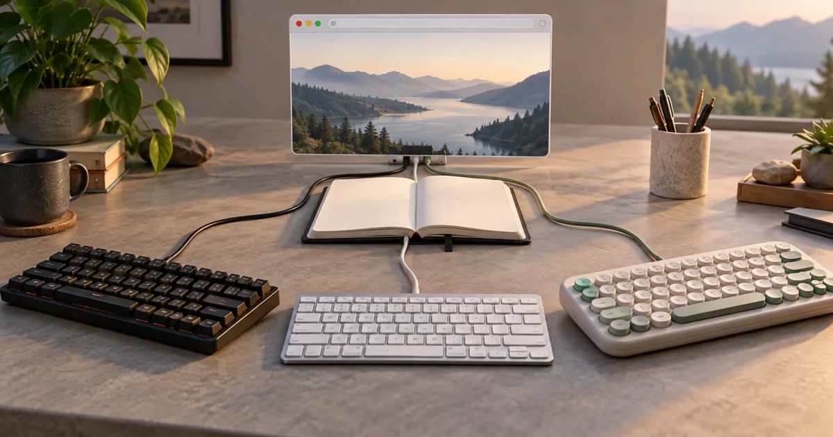 Three differently shaped blank keyboards connect to a shared reference notebook and a compact browser-like open window frame.