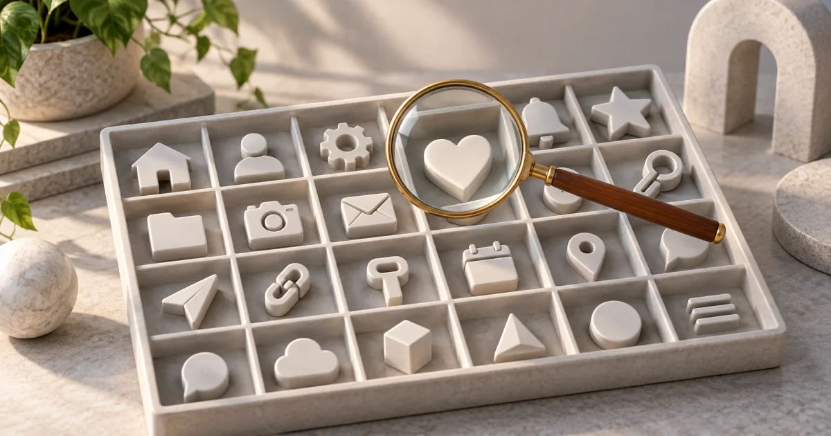 A magnifying lens selects one simple sculpted symbol from an orderly tray of varied monochrome geometric icons.