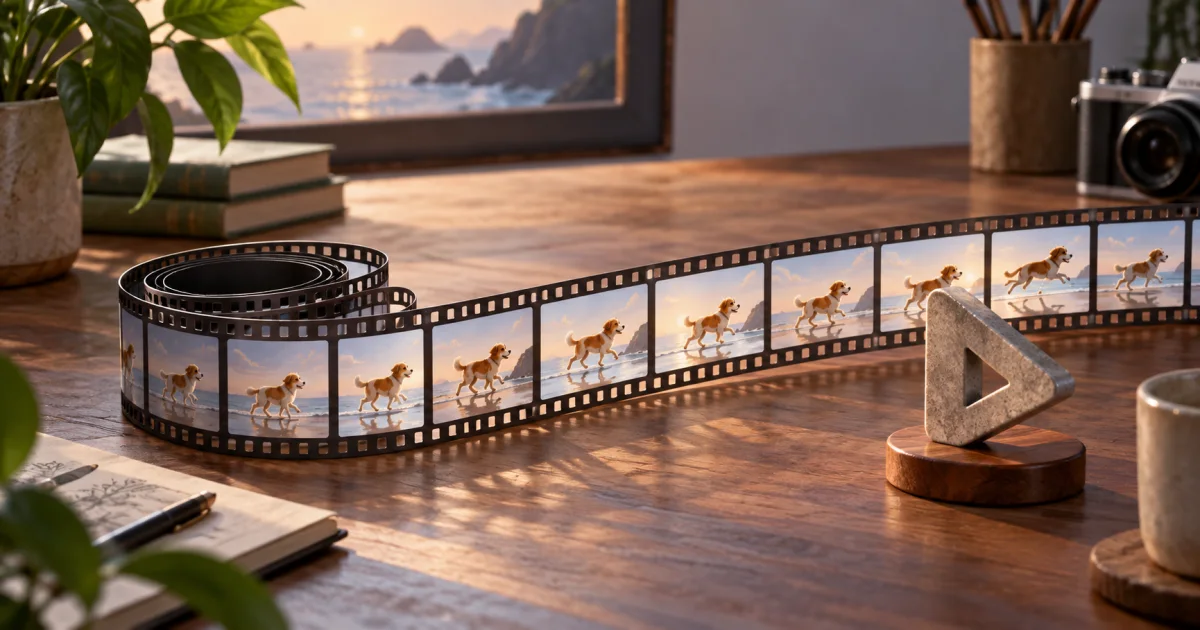A short loop of illustrated film frames straightens into a longer reel beside a small playback triangle sculpture.