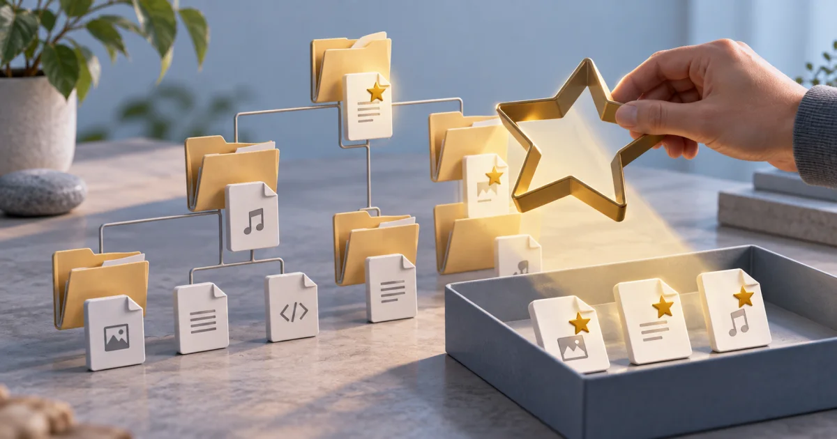 A star-shaped stencil selects matching file-shaped objects from a branching arrangement of folders.