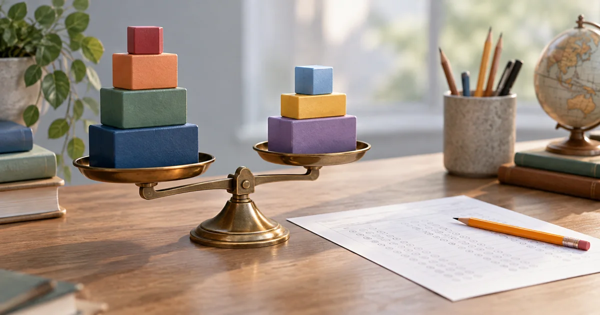 Several differently sized assessment blocks balance on a scale beside an unmarked final exam sheet.
