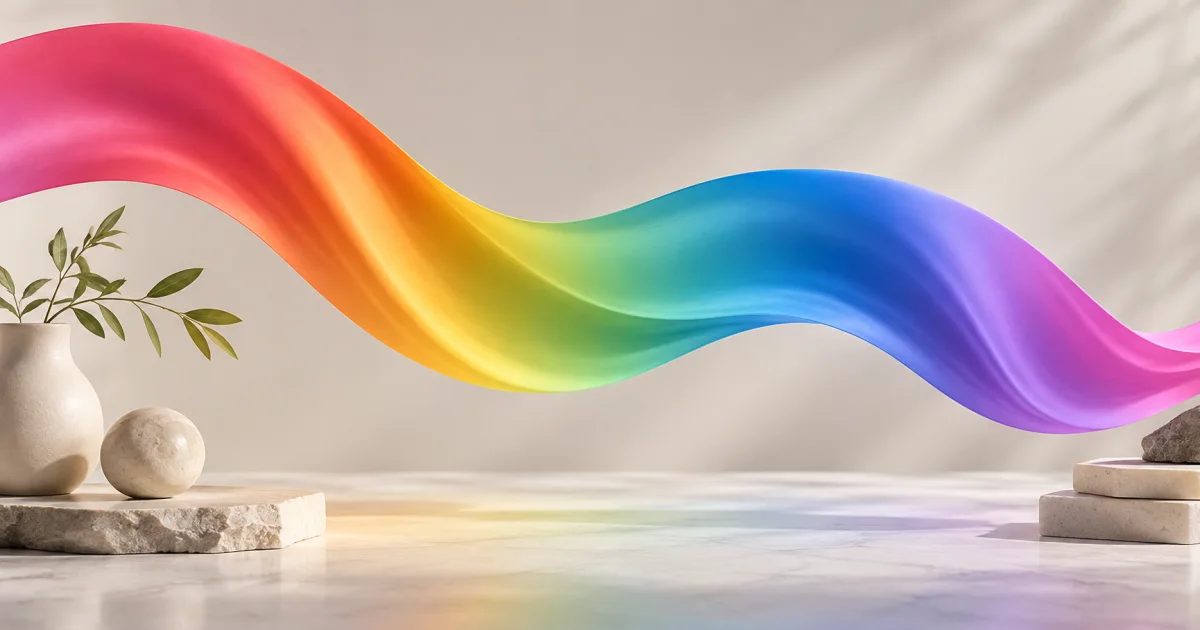 A flowing band of color transitions smoothly through several hues above a pale tabletop.