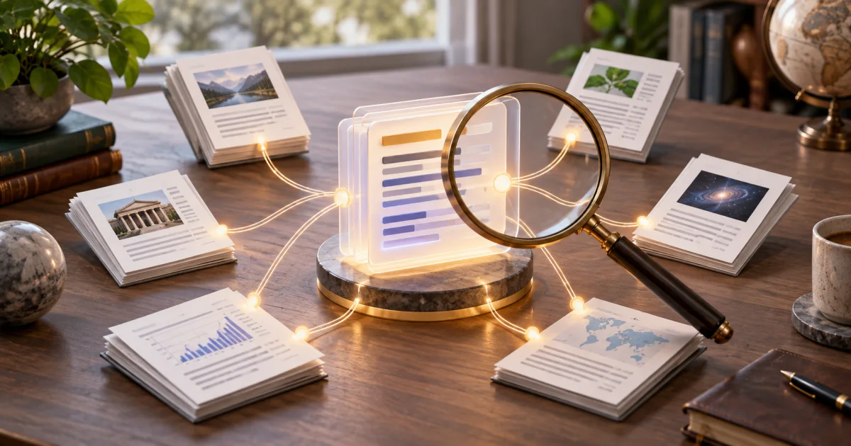 A magnifying lens inspects how several source documents connect to a central answer structure through visible citation threads.